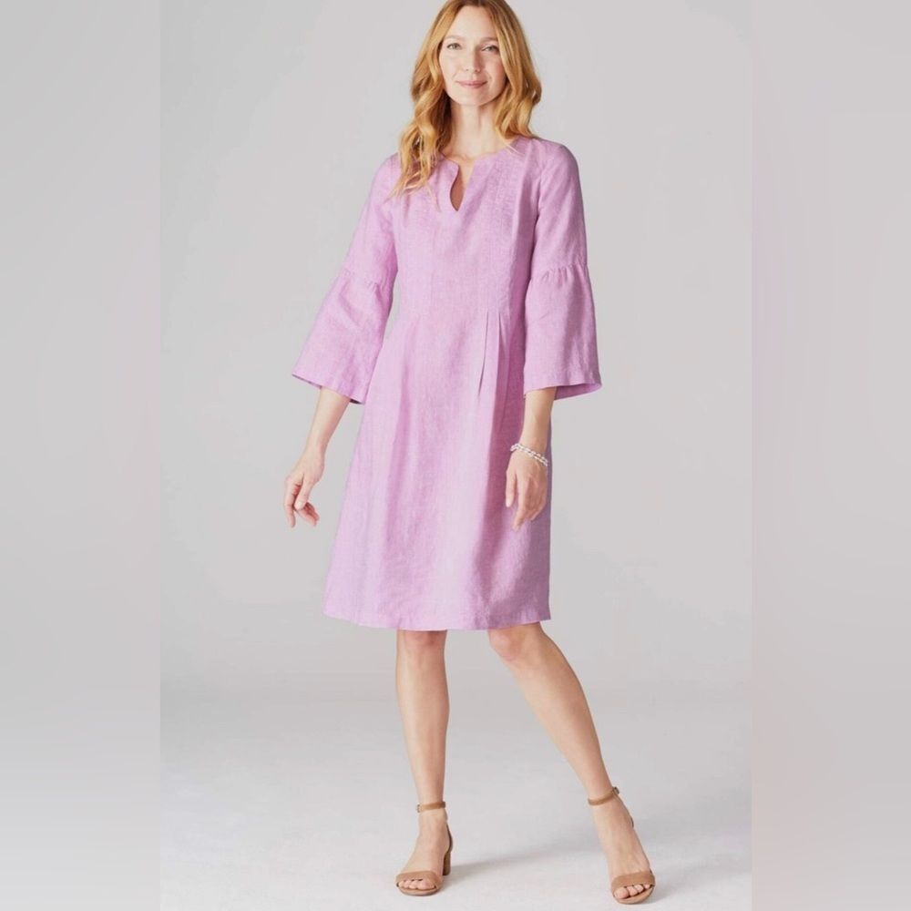 J. Jill Love Linen Blue Dress Bell Sleeves Deep Slid Front sz L Natural Coastal - Picture 2 of 11